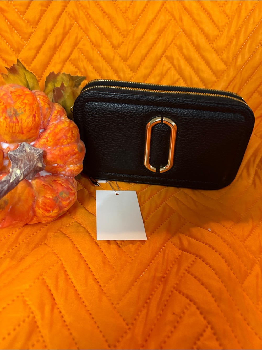 Black Pebbled Zip Wallet/crossbody with Gold Hardware